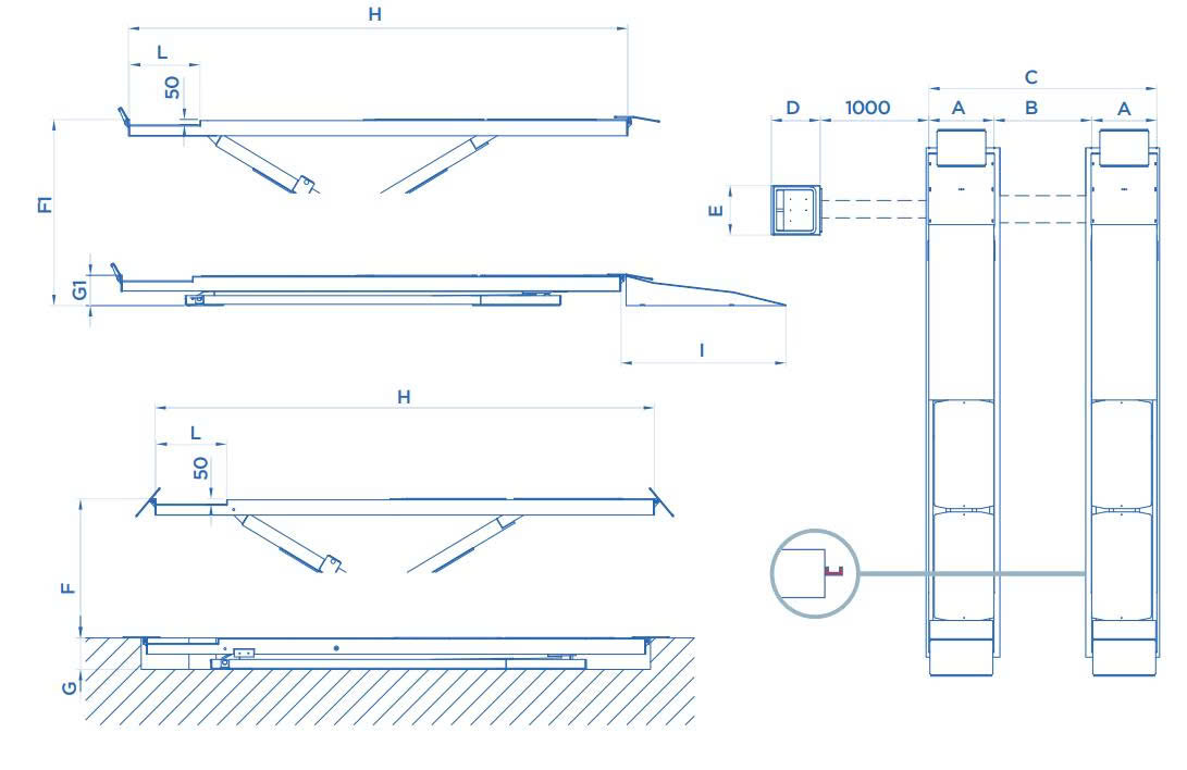Cầu nâng cắt kéo điện thủy lực căn chỉnh góc lái OMCN ART. 822+853/A